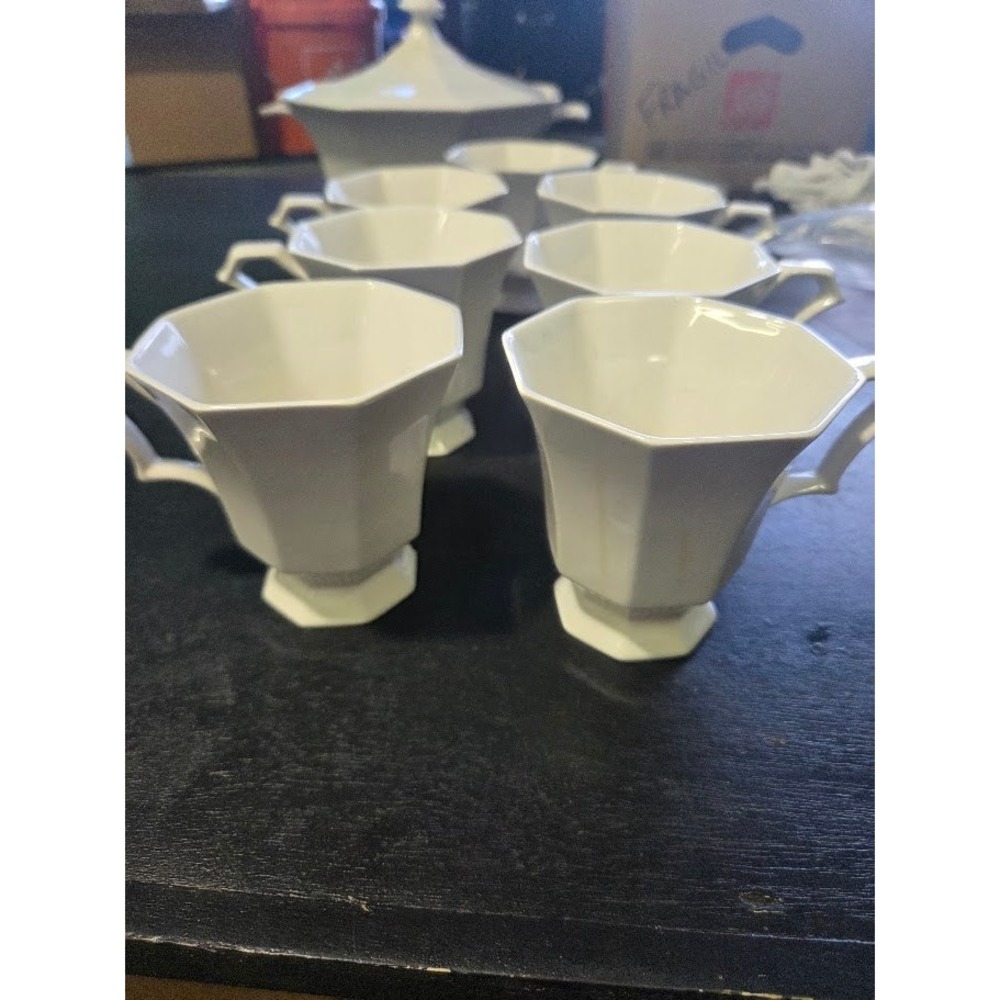 Independence Ironstone Castleton Japan Octagonal White Tea Cups Set of 7